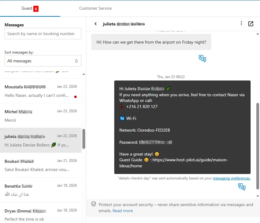 Guest guide and Booking.com automation messages in Host Pilot short-term rental management software