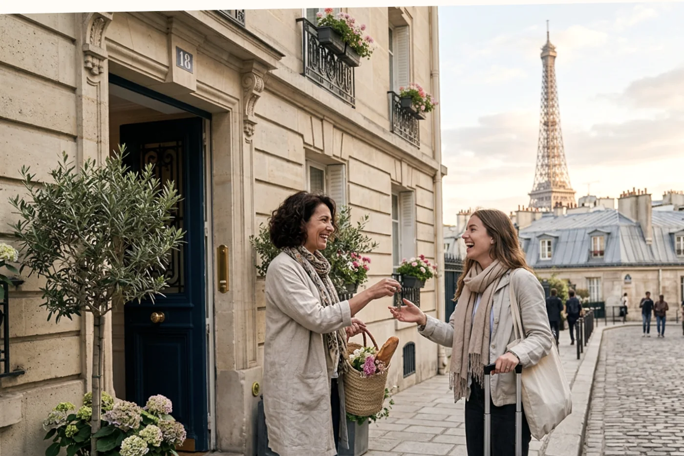Paris host and guest using accept direct bookings workflow with Eiffel Tower and Parisian rooftops in the background