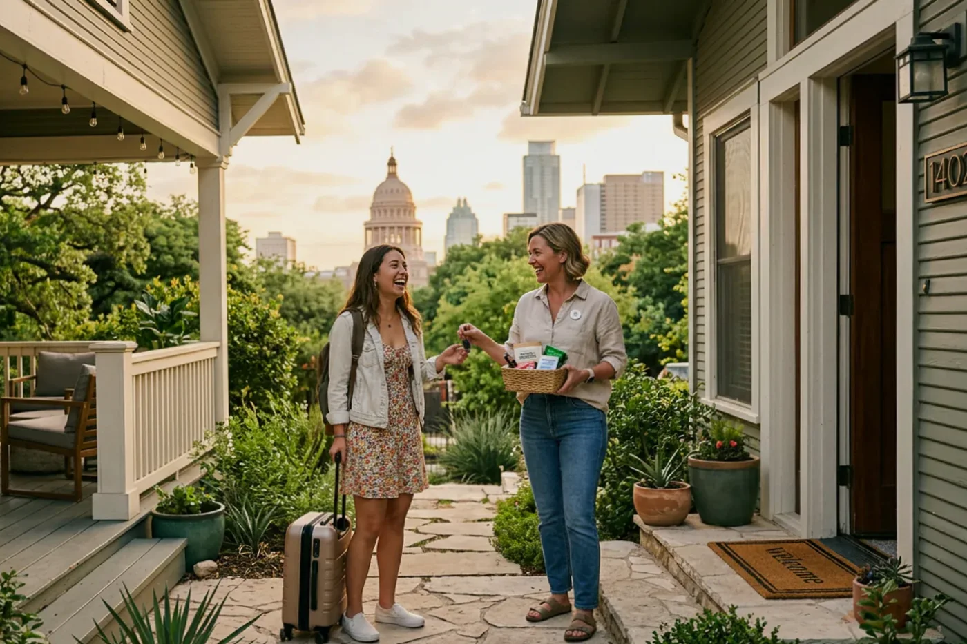Austin host and guest using airbnb after departure message workflow with Texas State Capitol in the background