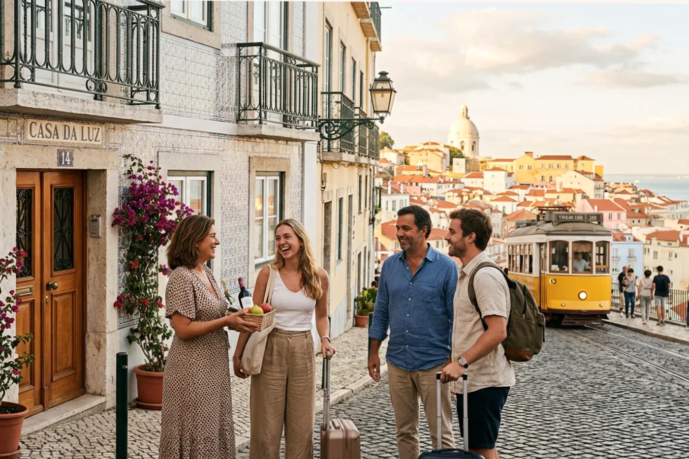 Lisbon host and guest using airbnb after departure message workflow with Tram 28 and Alfama viewpoints in the background