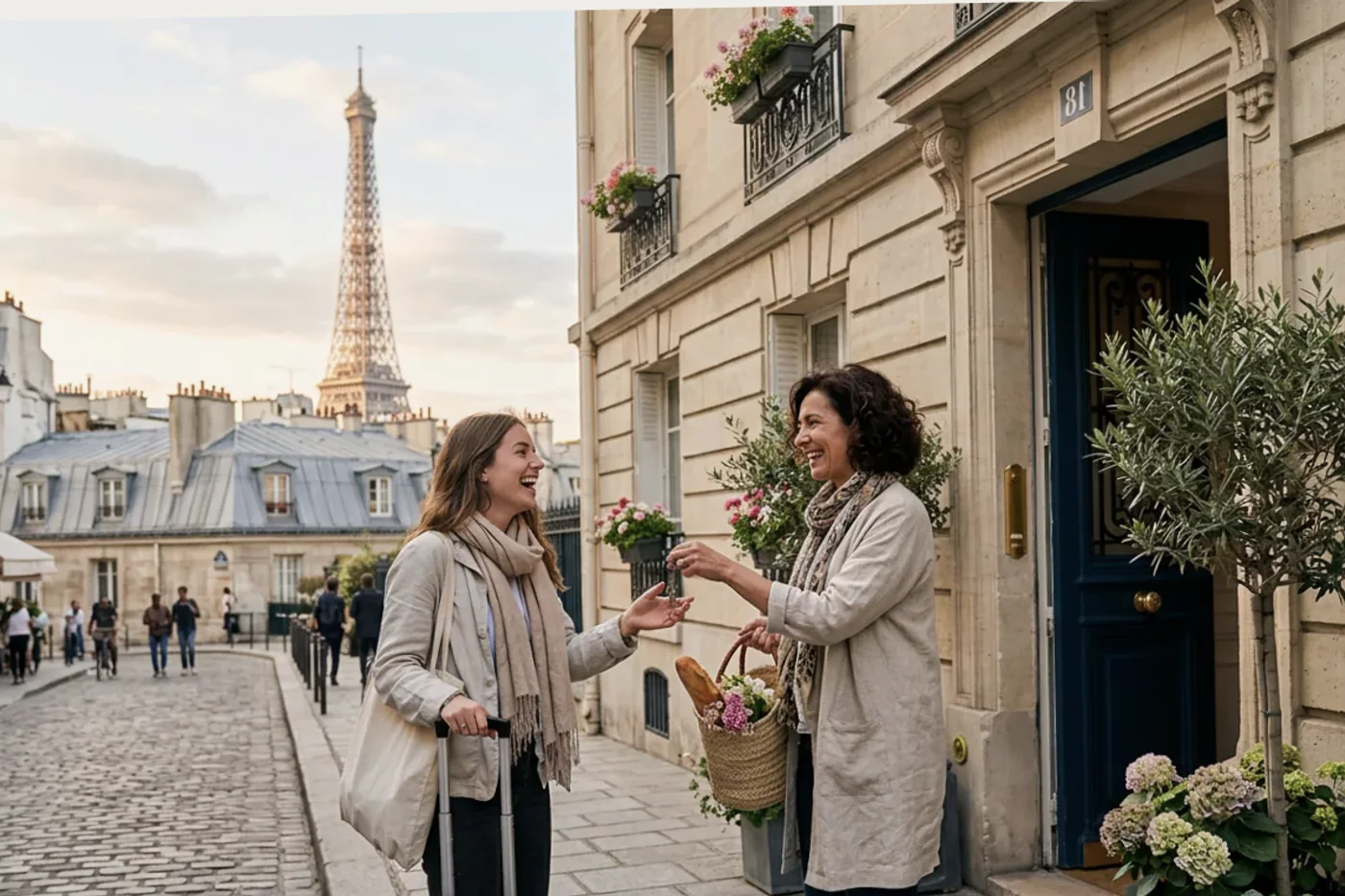 Paris host and guest using airbnb after departure message workflow with Eiffel Tower and Parisian rooftops in the background