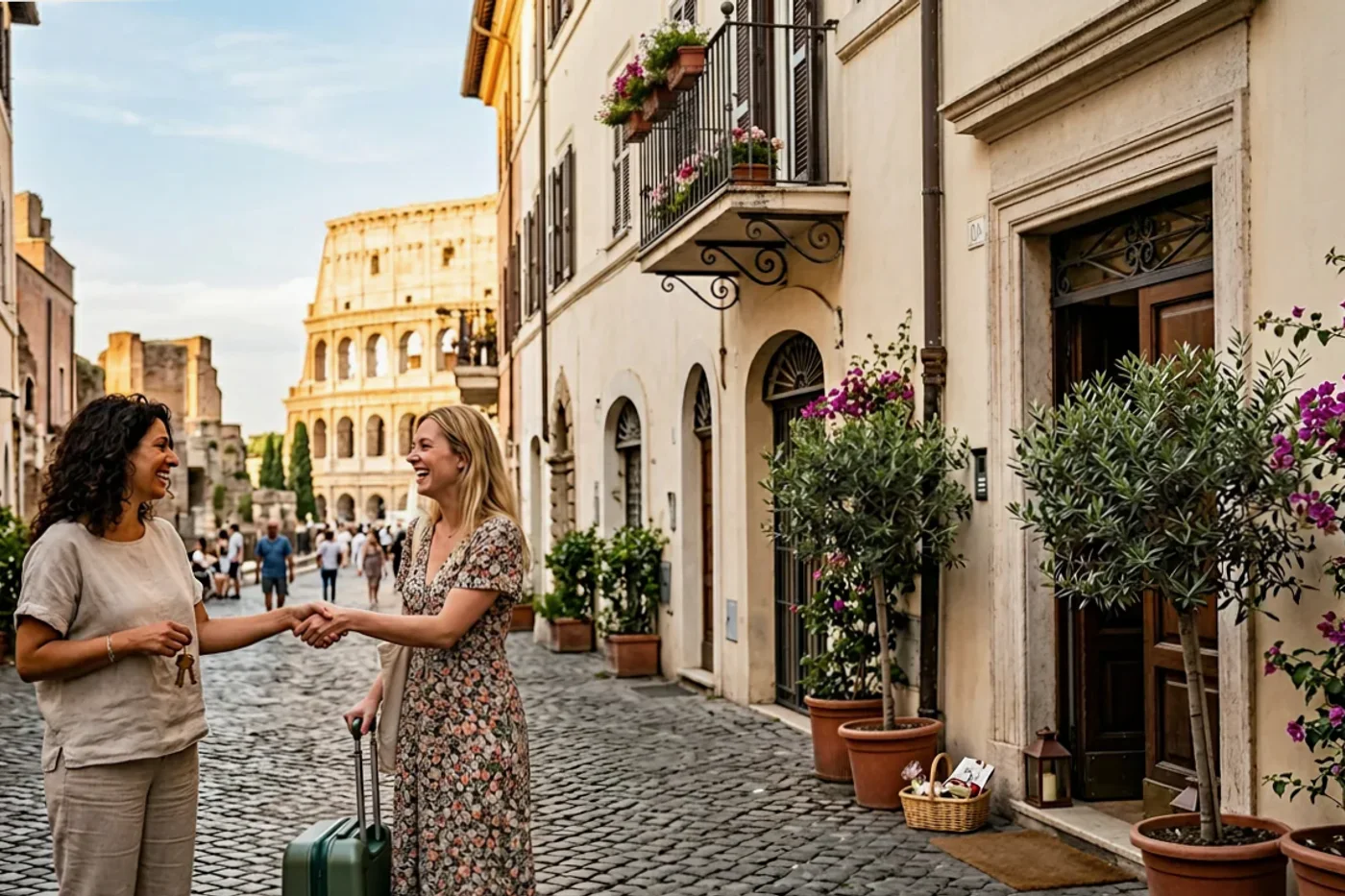 Rome host and guest using airbnb after departure message workflow with Colosseum and Roman streets in the background