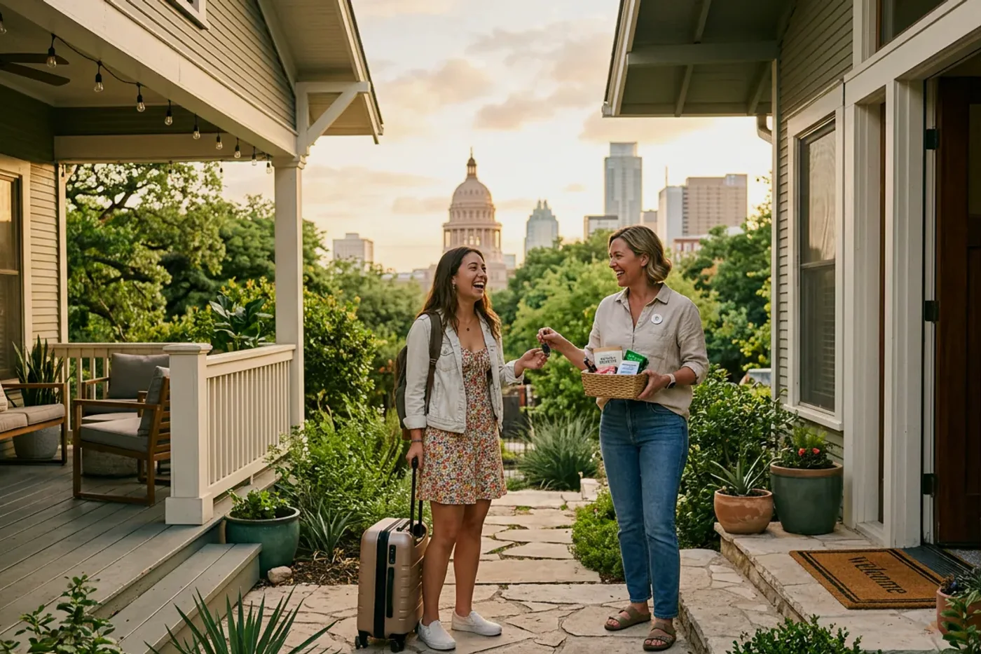 Austin host and guest using airbnb after first night message workflow with Texas State Capitol in the background