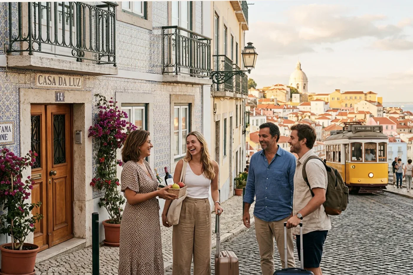 Lisbon host and guest using airbnb after first night message workflow with Tram 28 and Alfama viewpoints in the background