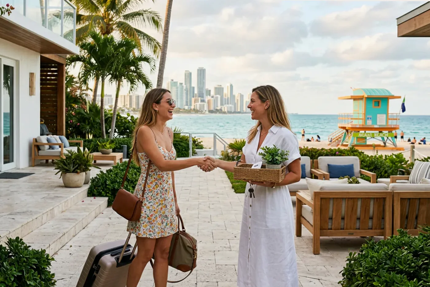 Miami host and guest using airbnb after first night message workflow with Miami Beach lifeguard towers in the background