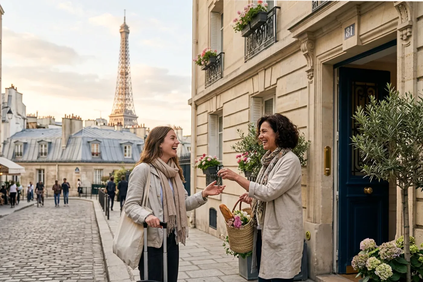 Paris host and guest using airbnb after first night message workflow with Eiffel Tower and Parisian rooftops in the background