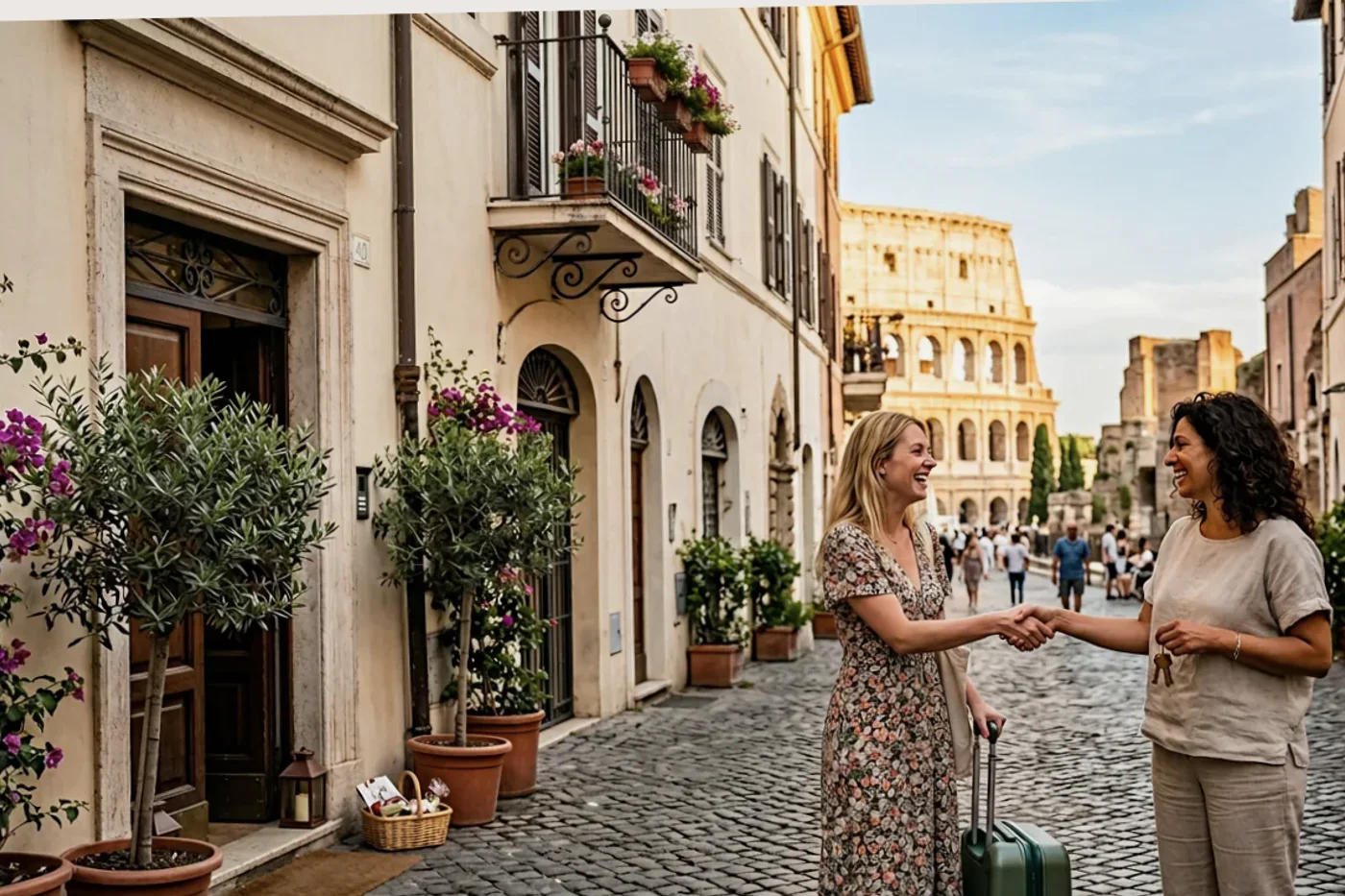 Rome host and guest using airbnb after first night message workflow with Colosseum and Roman streets in the background