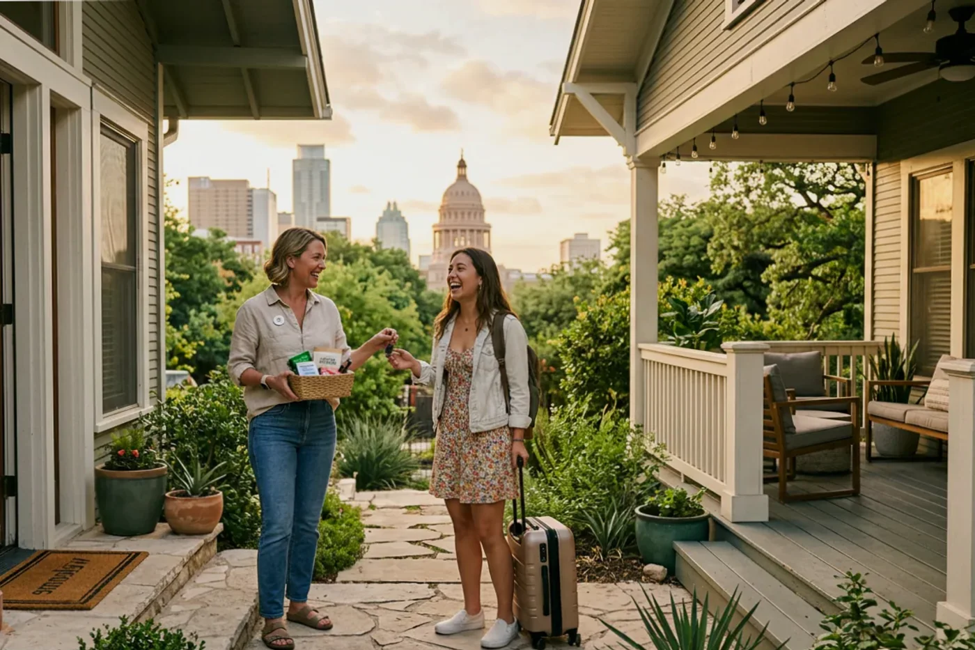 Austin host and guest using airbnb booking confirmation message workflow with Texas State Capitol in the background