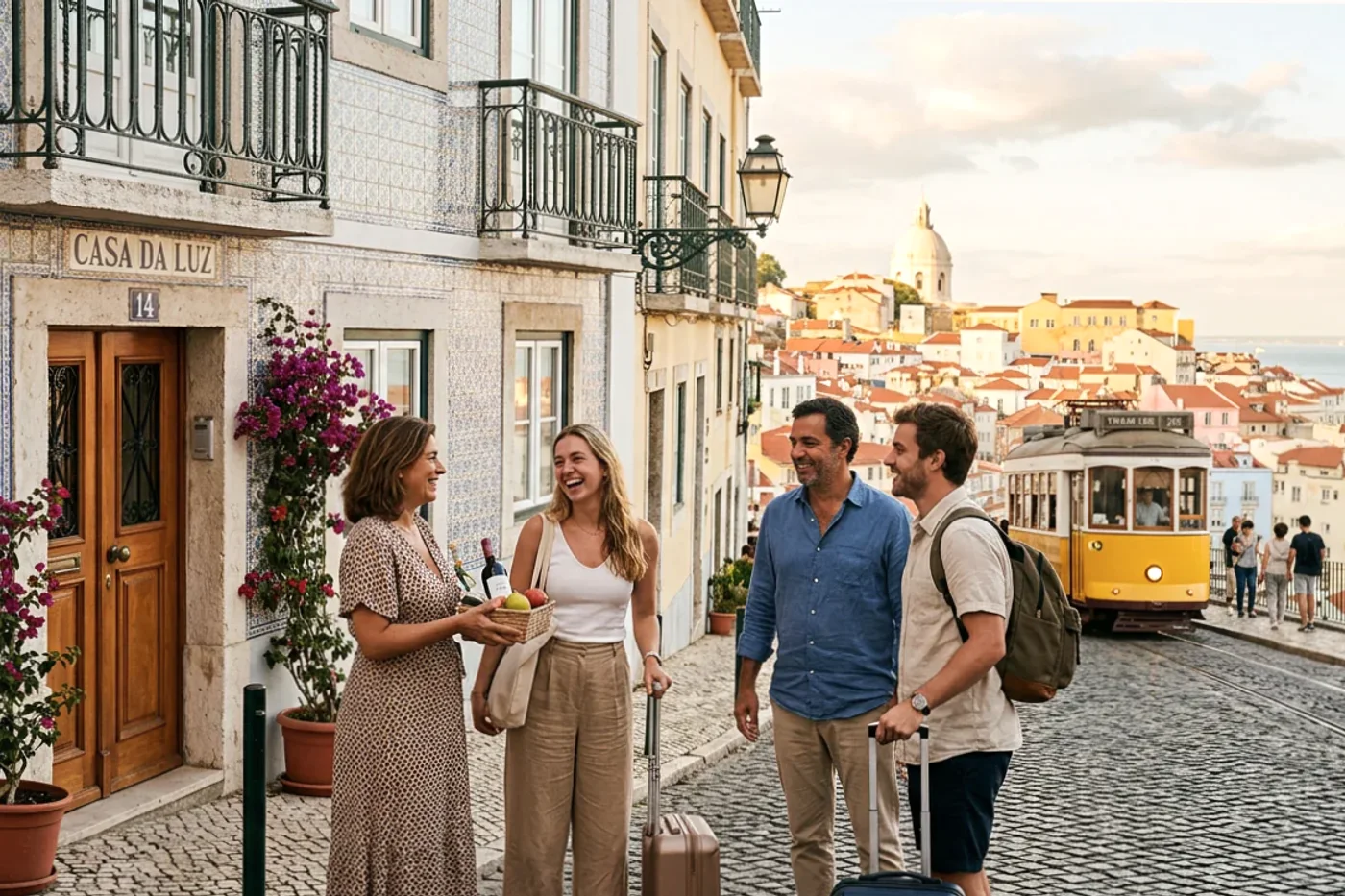 Lisbon host and guest using airbnb booking confirmation message workflow with Tram 28 and Alfama viewpoints in the background