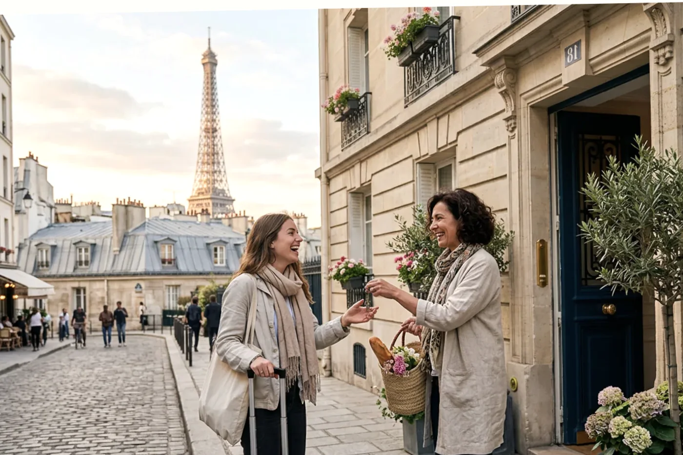 Paris host and guest using airbnb booking confirmation message workflow with Eiffel Tower and Parisian rooftops in the background