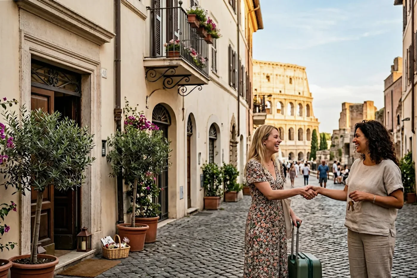 Rome host and guest using airbnb booking confirmation message workflow with Colosseum and Roman streets in the background
