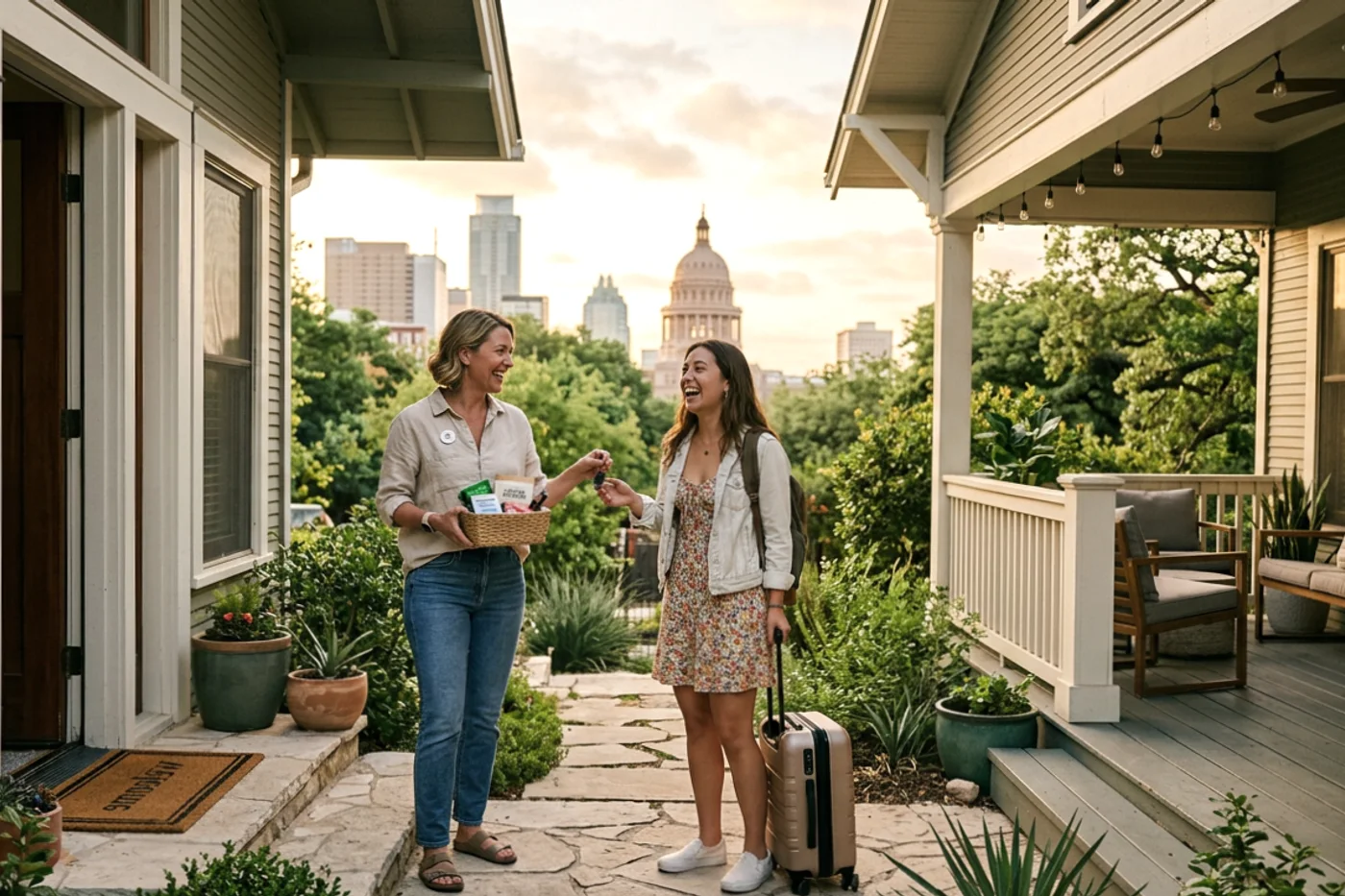Austin host and guest using airbnb check in message workflow with Texas State Capitol in the background