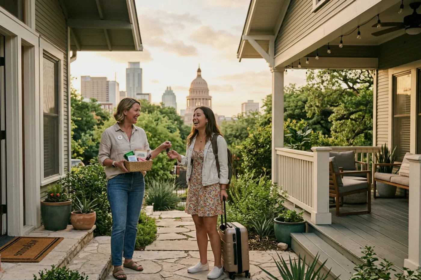 Austin host and guest using airbnb checkout instructions message workflow with Texas State Capitol in the background