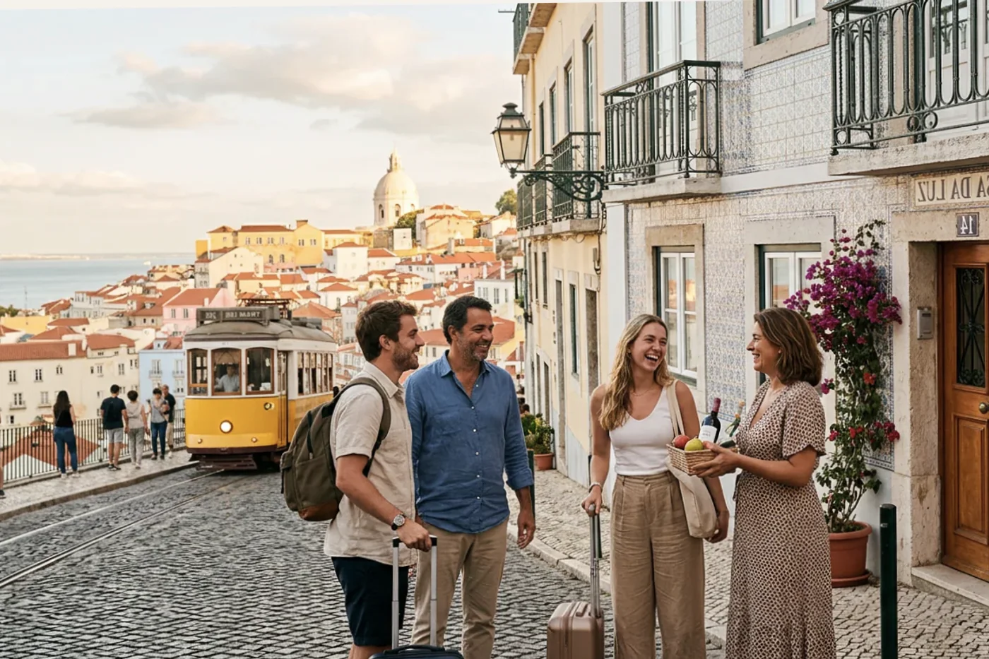Lisbon host and guest using airbnb checkout instructions message workflow with Tram 28 and Alfama viewpoints in the background