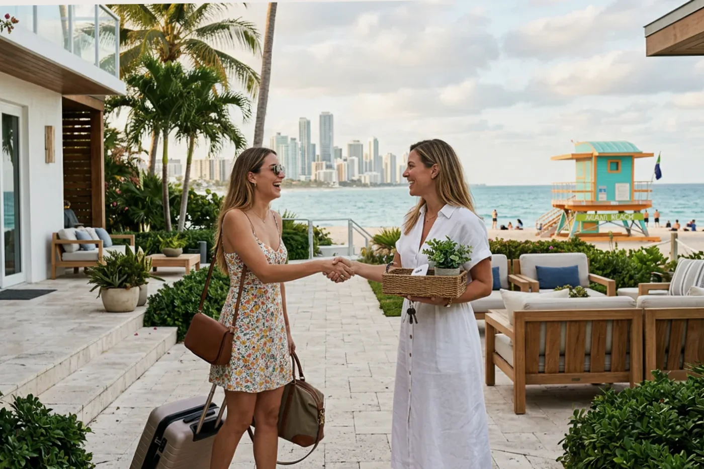 Miami host and guest using airbnb checkout instructions message workflow with Miami Beach lifeguard towers in the background