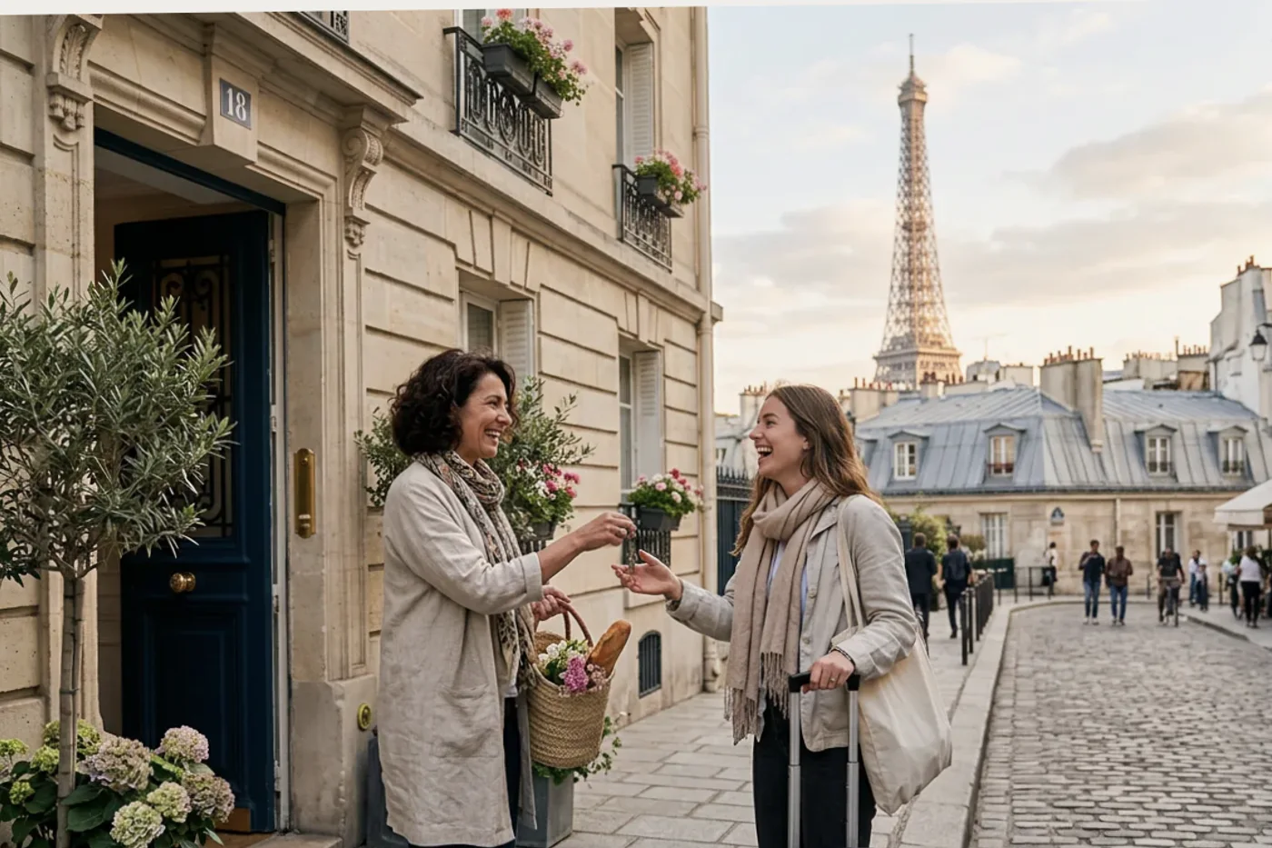 Paris host and guest using airbnb checkout instructions message workflow with Eiffel Tower and Parisian rooftops in the background