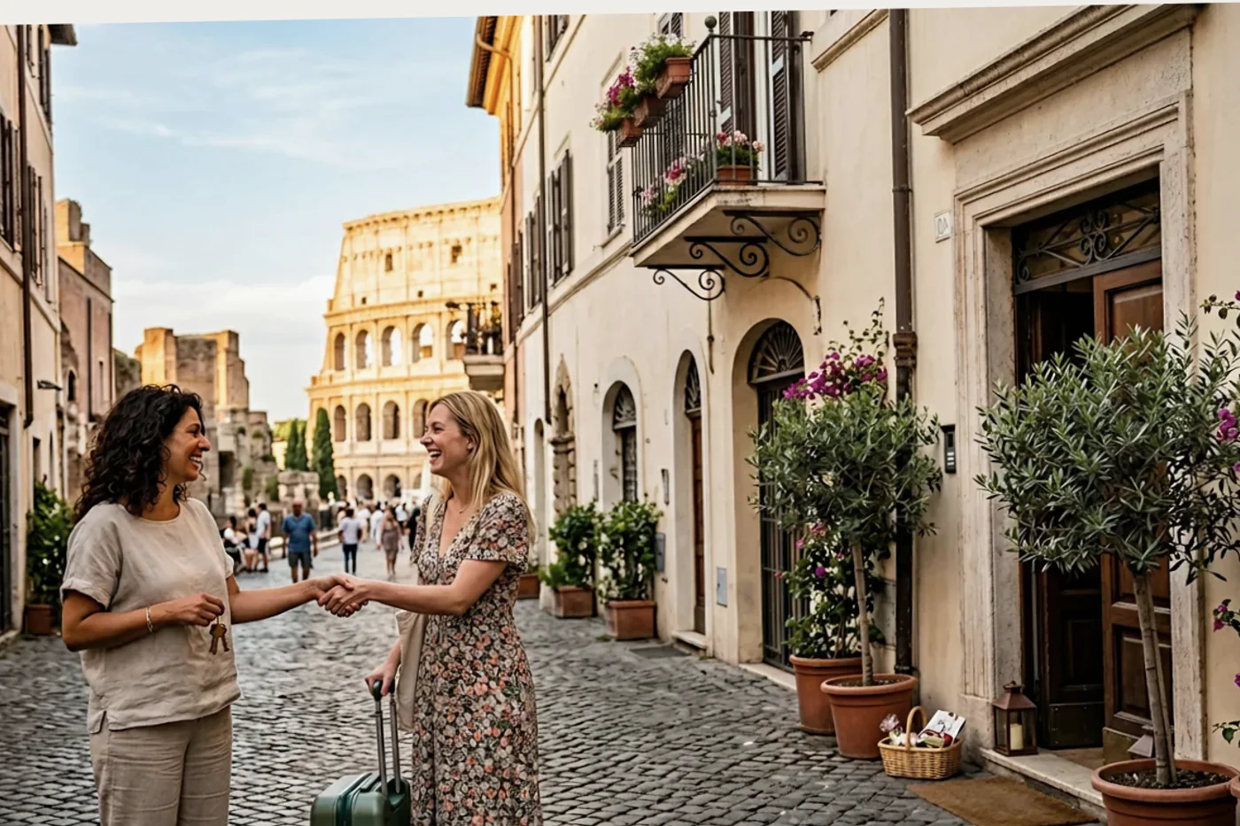 Rome host and guest using airbnb checkout instructions message workflow with Colosseum and Roman streets in the background