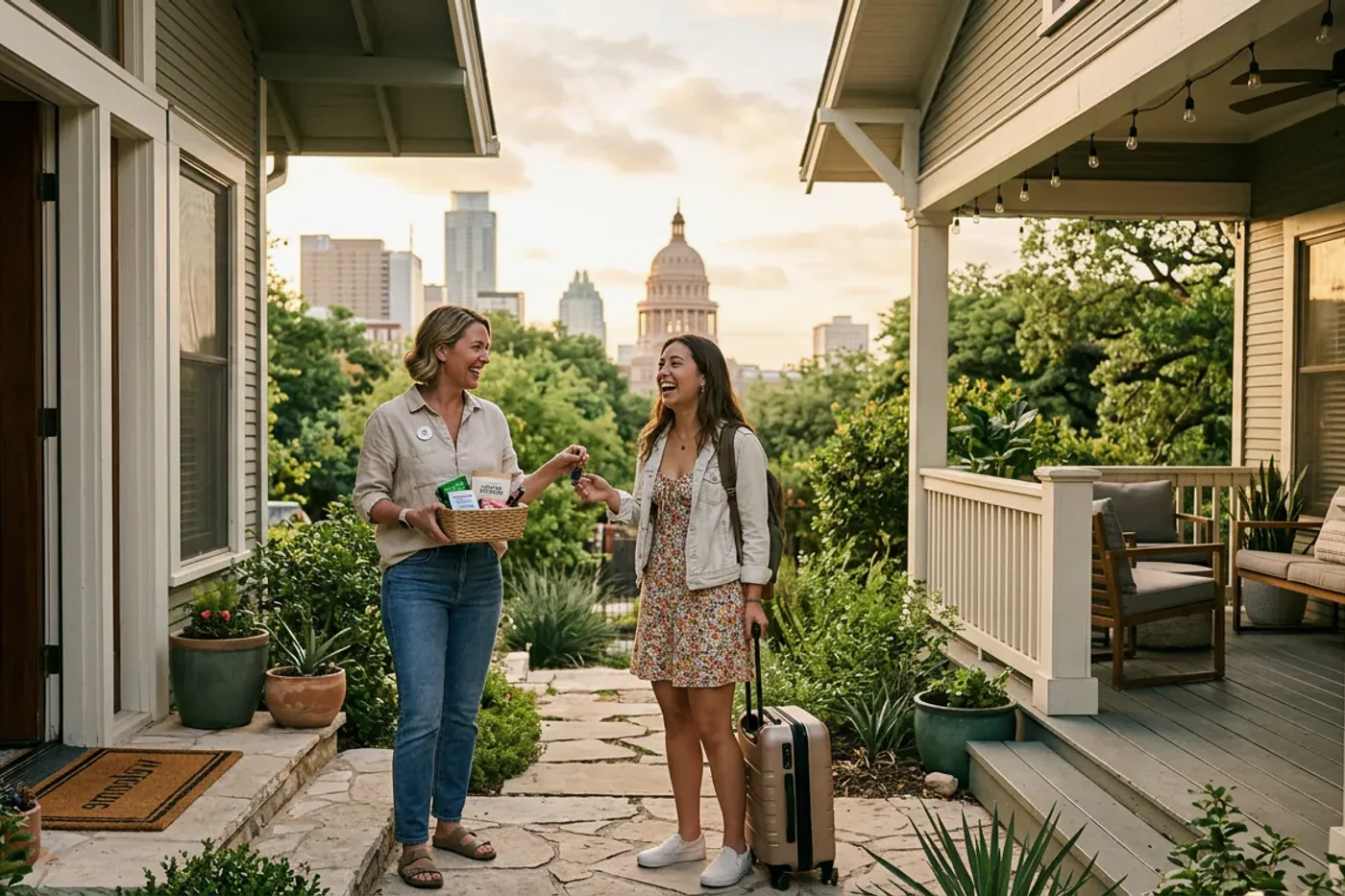 Austin host and guest using airbnb checkout reminder workflow with Texas State Capitol in the background