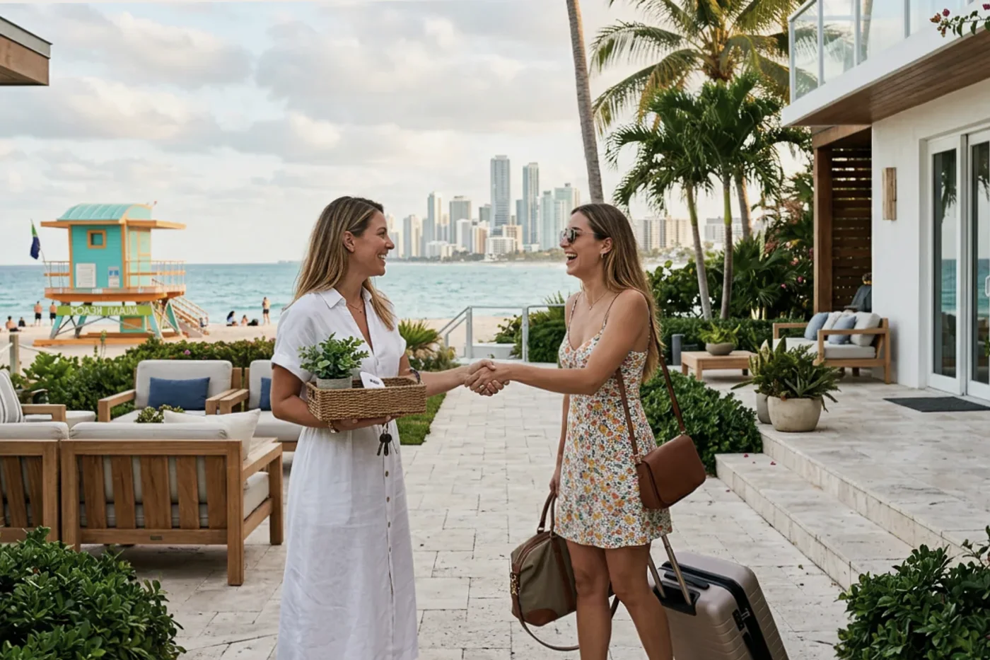 Miami host and guest using airbnb checkout reminder workflow with Miami Beach lifeguard towers in the background