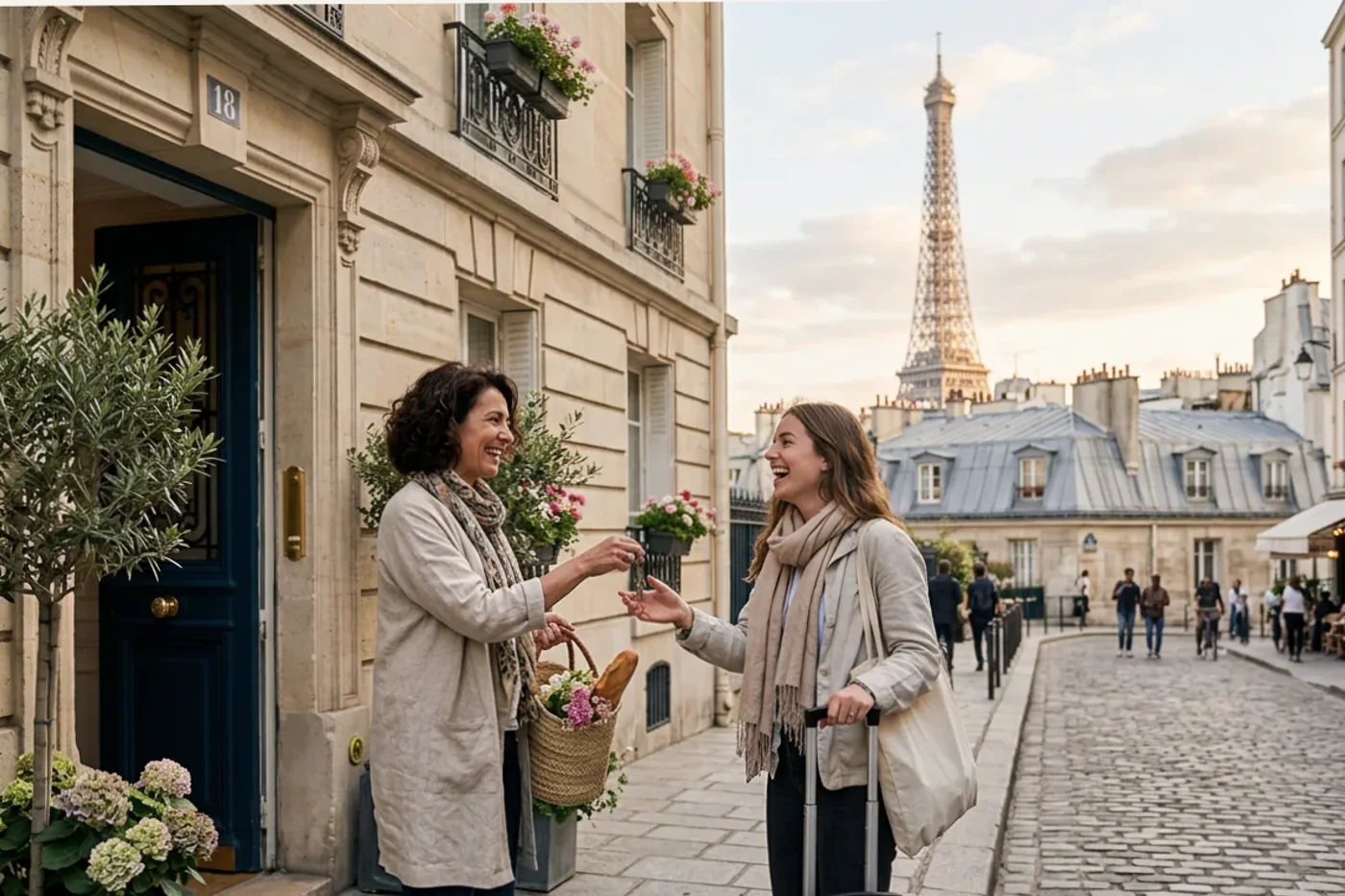 Paris host and guest using airbnb checkout reminder workflow with Eiffel Tower and Parisian rooftops in the background
