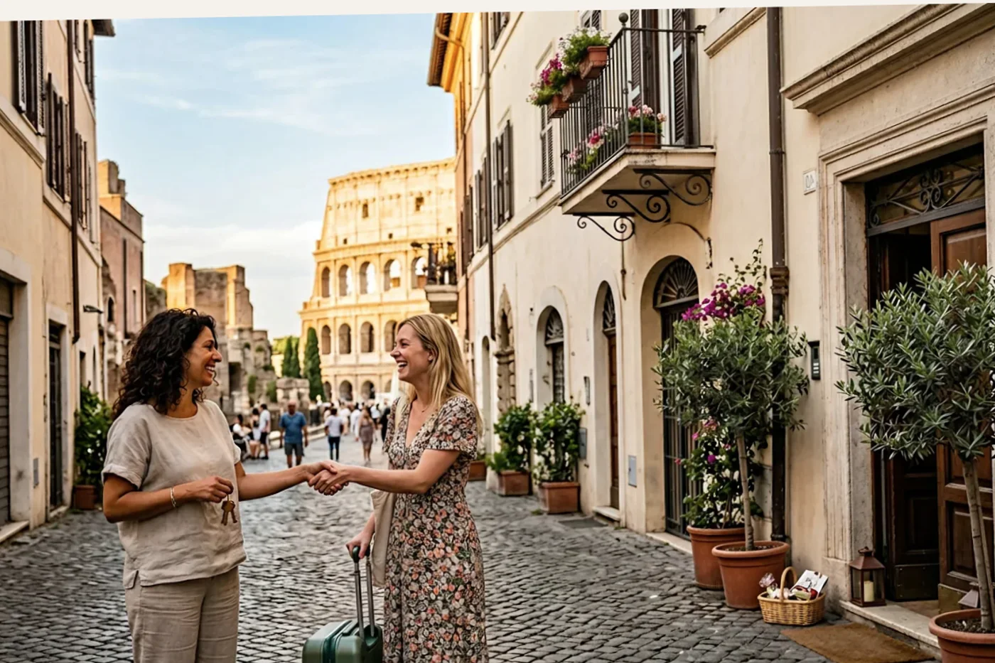 Rome host and guest using airbnb checkout reminder workflow with Colosseum and Roman streets in the background
