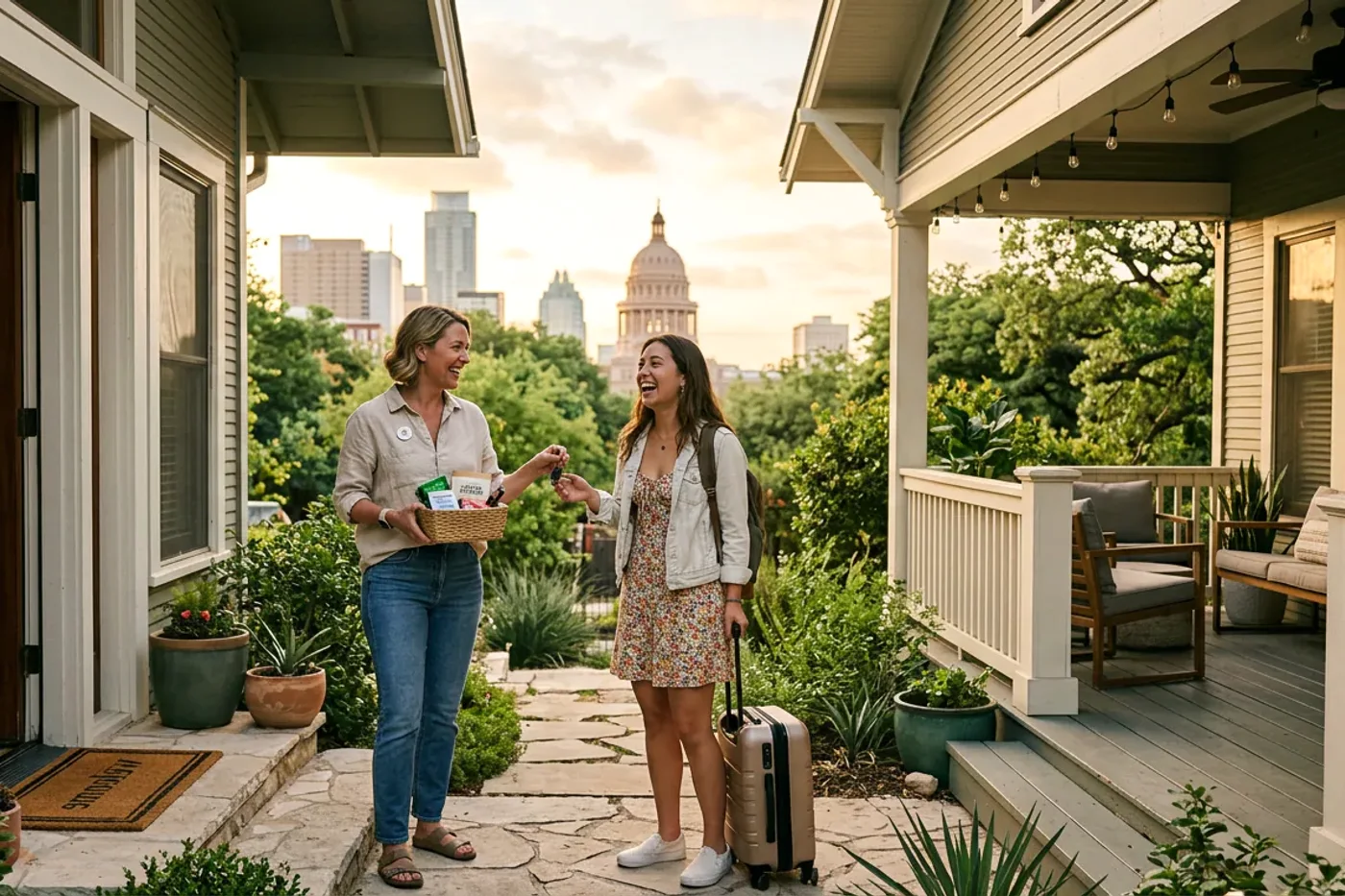Austin host and guest using airbnb early check in message workflow with Texas State Capitol in the background