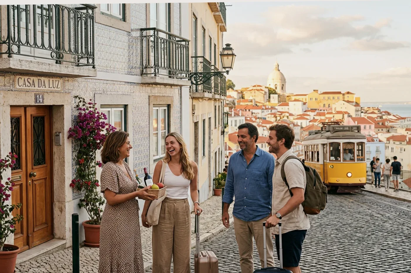 Lisbon host and guest using airbnb early check in message workflow with Tram 28 and Alfama viewpoints in the background