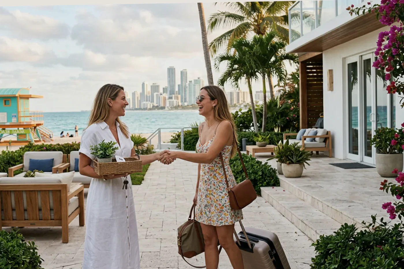 Miami host and guest using airbnb early check in message workflow with Miami Beach lifeguard towers in the background