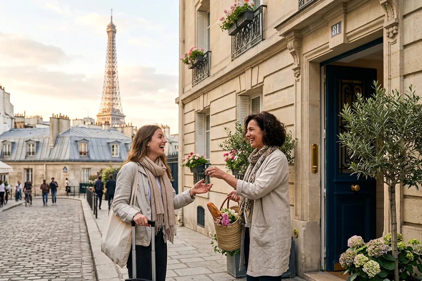 Paris host and guest using airbnb early check in message workflow with Eiffel Tower and Parisian rooftops in the background