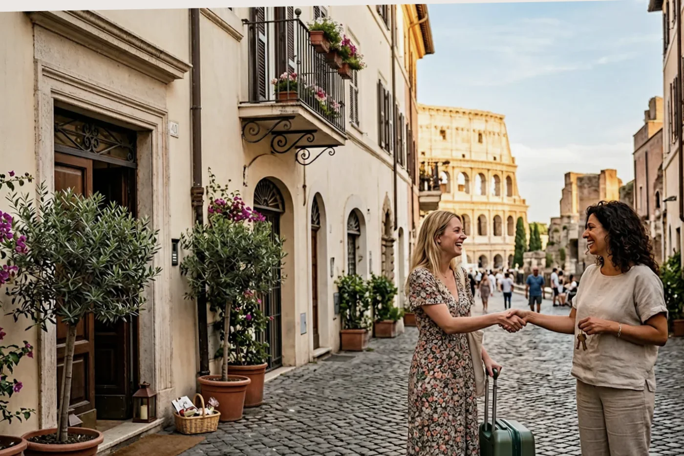 Rome host and guest using airbnb early check in message workflow with Colosseum and Roman streets in the background