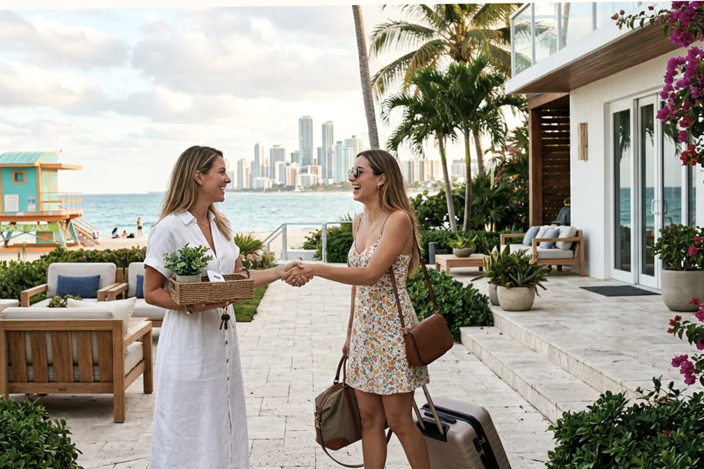 Miami host and guest using airbnb guest guide workflow with Miami Beach lifeguard towers in the background