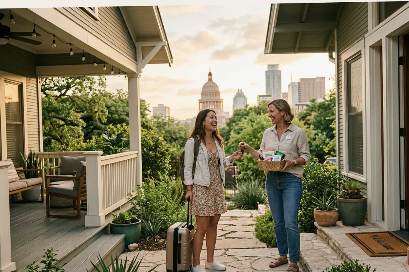 Austin host and guest using airbnb pre check in message workflow with Texas State Capitol in the background