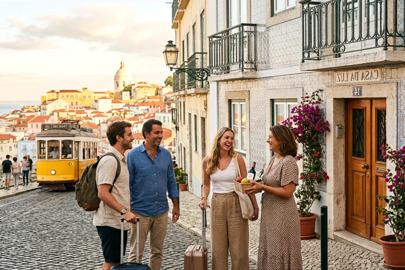 Lisbon host and guest using airbnb pre check in message workflow with Tram 28 and Alfama viewpoints in the background