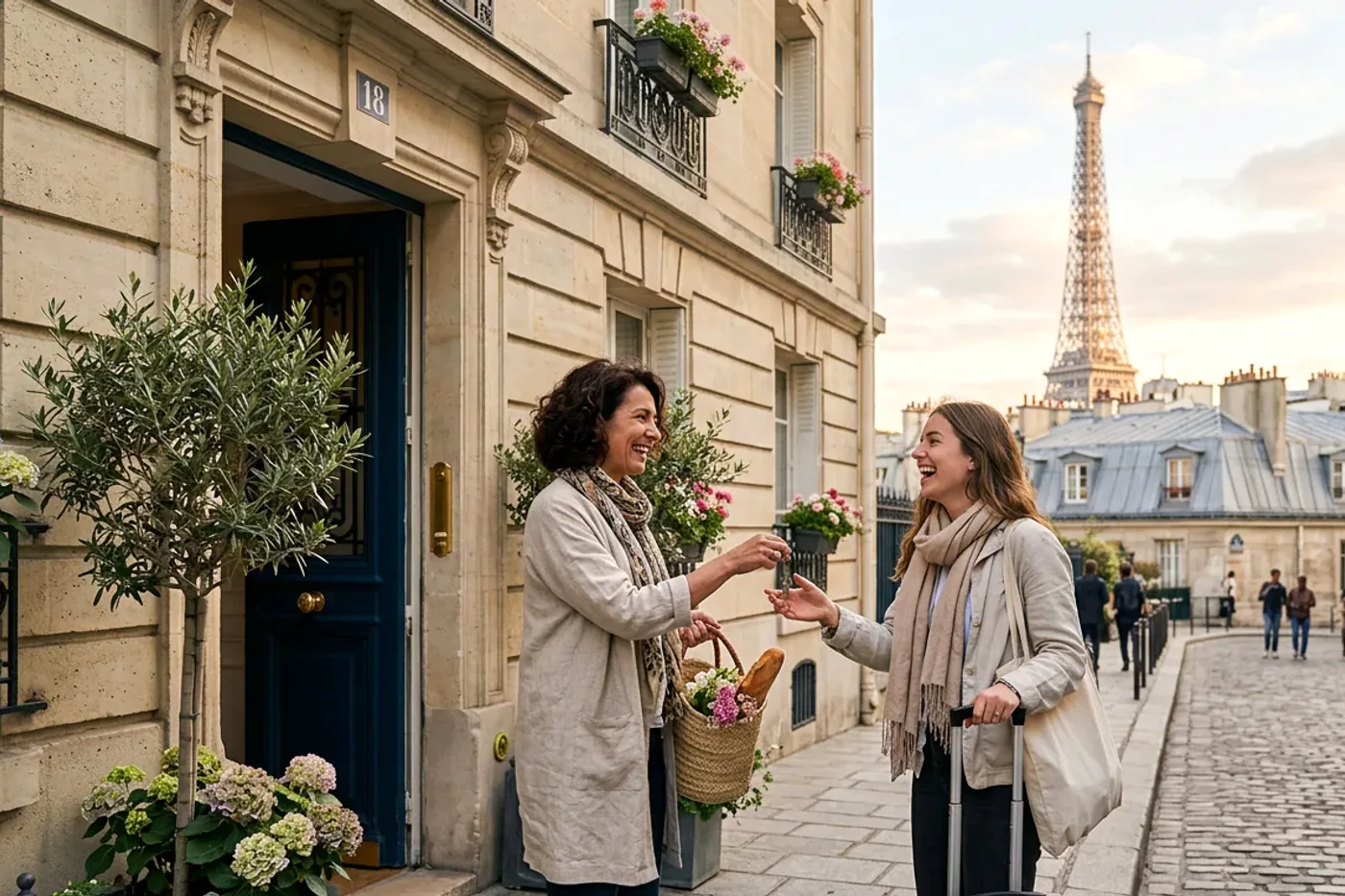 Paris host and guest using airbnb pre check in message workflow with Eiffel Tower and Parisian rooftops in the background