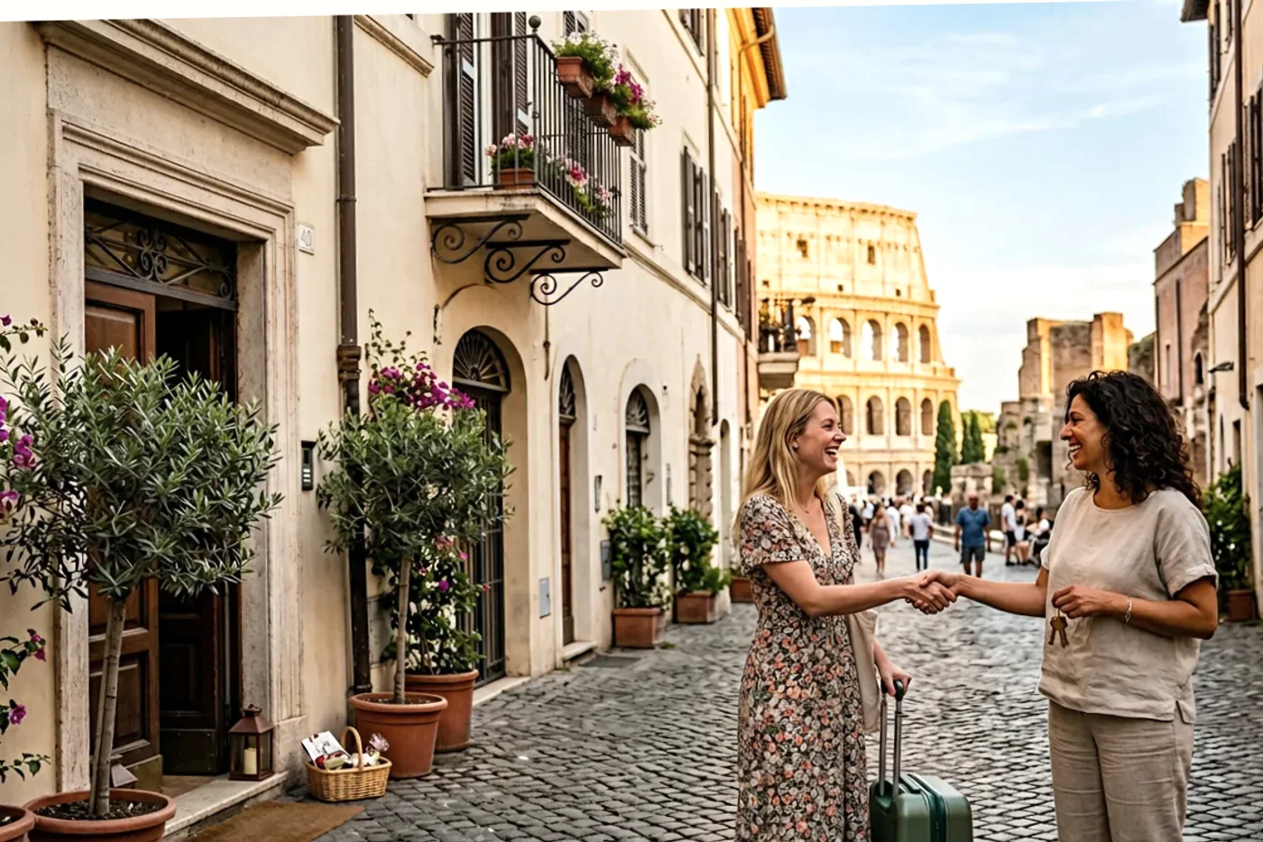 Rome host and guest using airbnb pre check in message workflow with Colosseum and Roman streets in the background