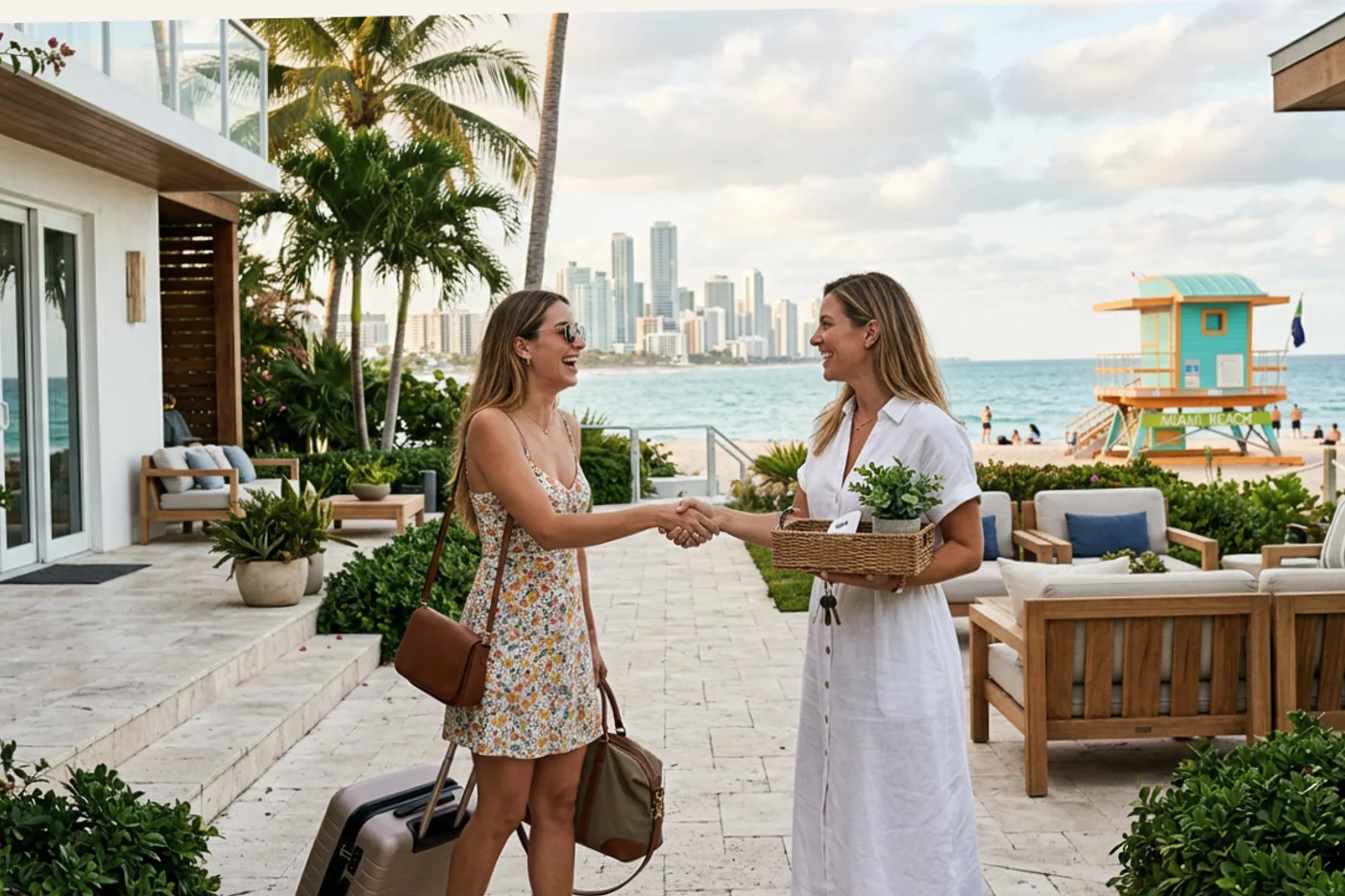 Miami host and guest using airbnb pricing tool workflow with Miami Beach lifeguard towers in the background