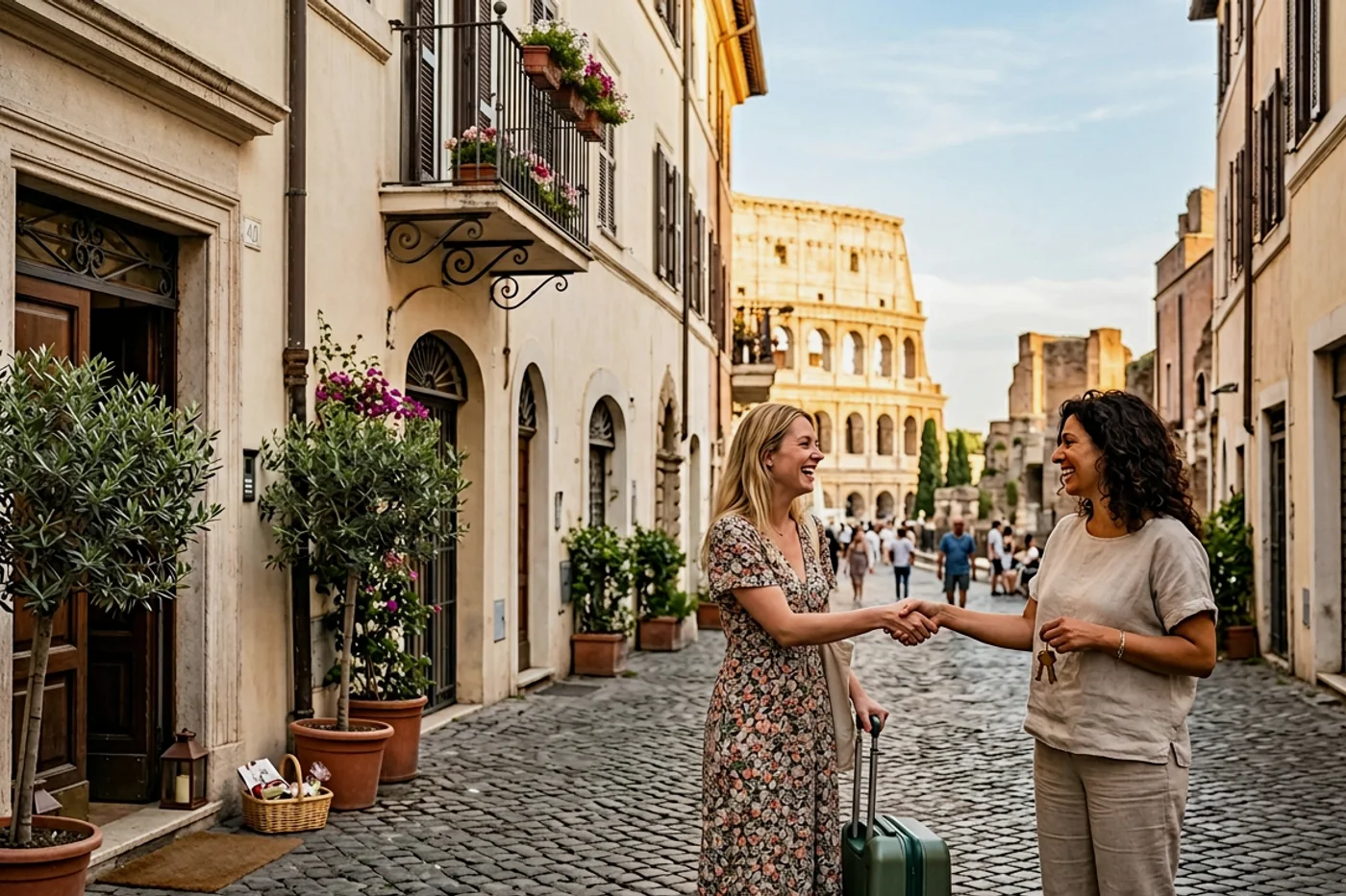 Rome host and guest using airbnb welcome book template workflow with Colosseum and Roman streets in the background