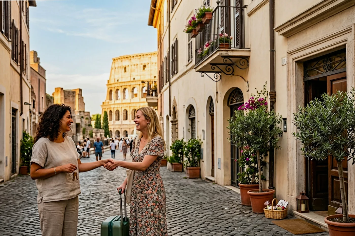 Rome host and guest using automate airbnb messages workflow with Colosseum and Roman streets in the background