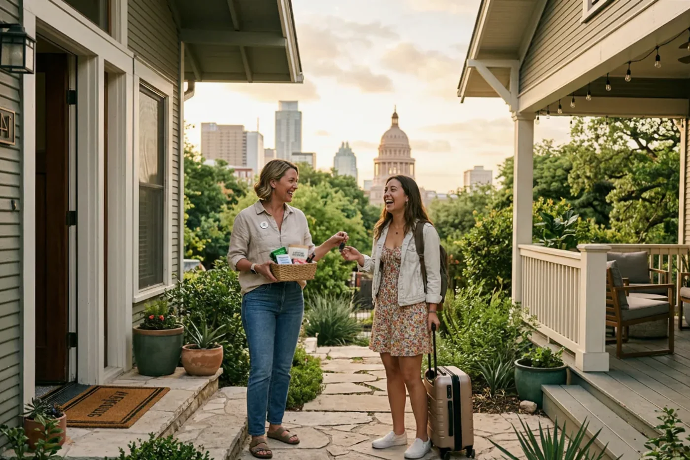 Austin host and guest using automate booking.com guest messages workflow with Texas State Capitol in the background