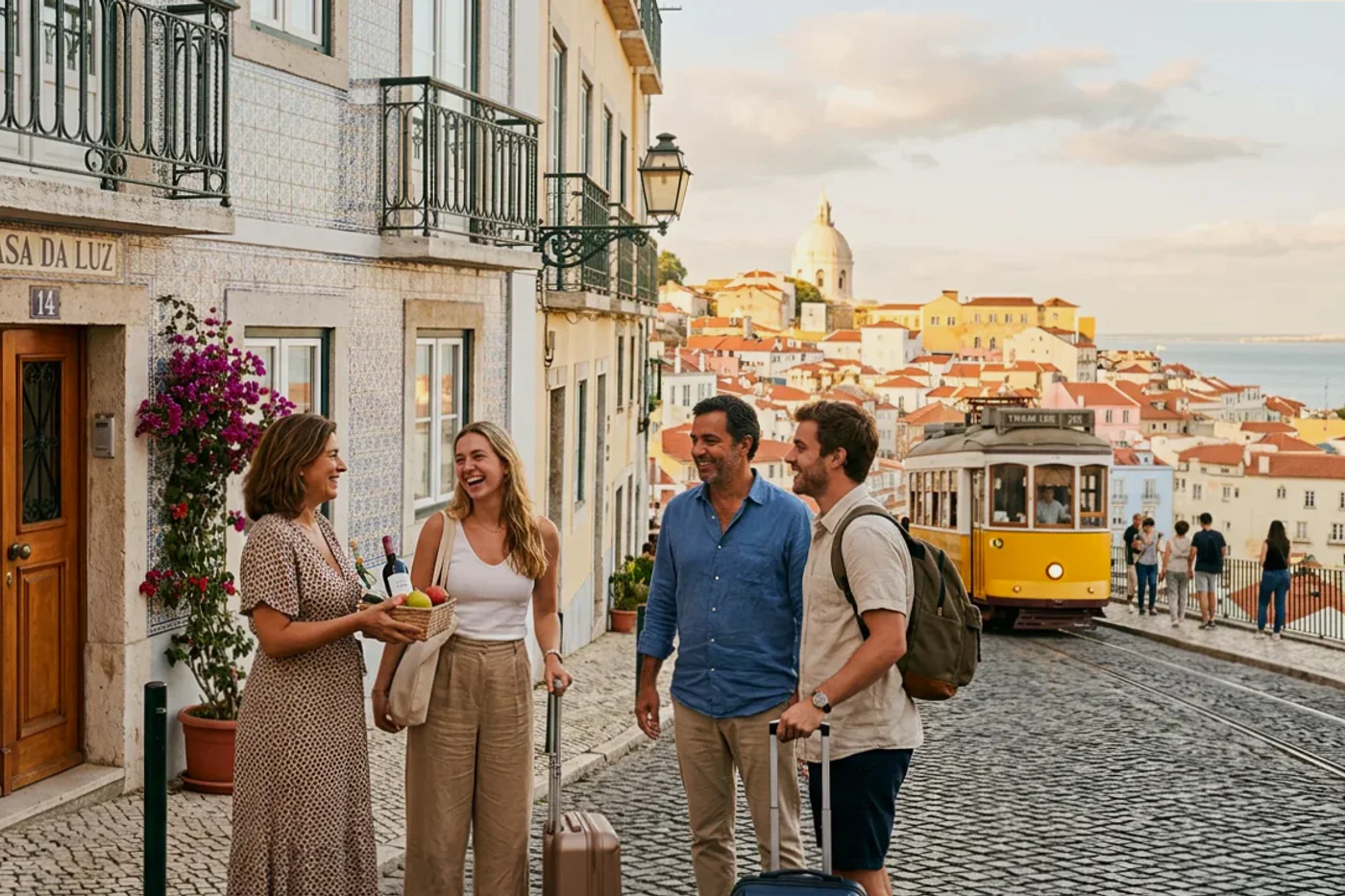 Lisbon host and guest using automate booking.com guest messages workflow with Tram 28 and Alfama viewpoints in the background