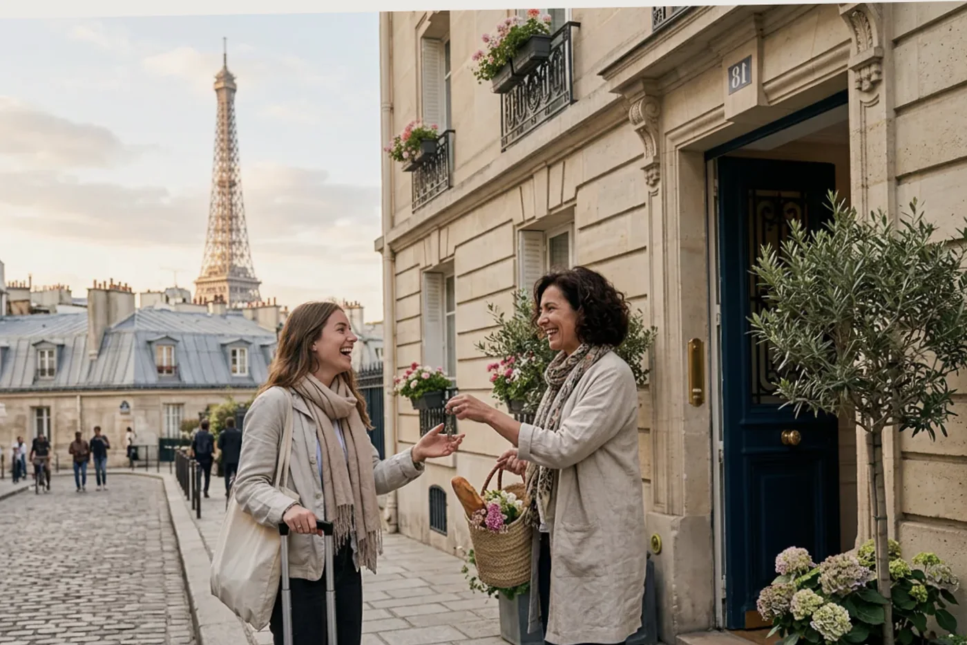 Paris host and guest using automate booking.com guest messages workflow with Eiffel Tower and Parisian rooftops in the background
