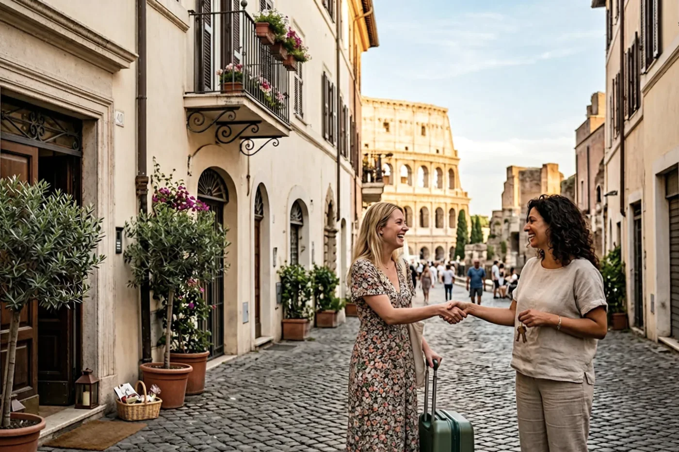 Rome host and guest using automate booking.com guest messages workflow with Colosseum and Roman streets in the background