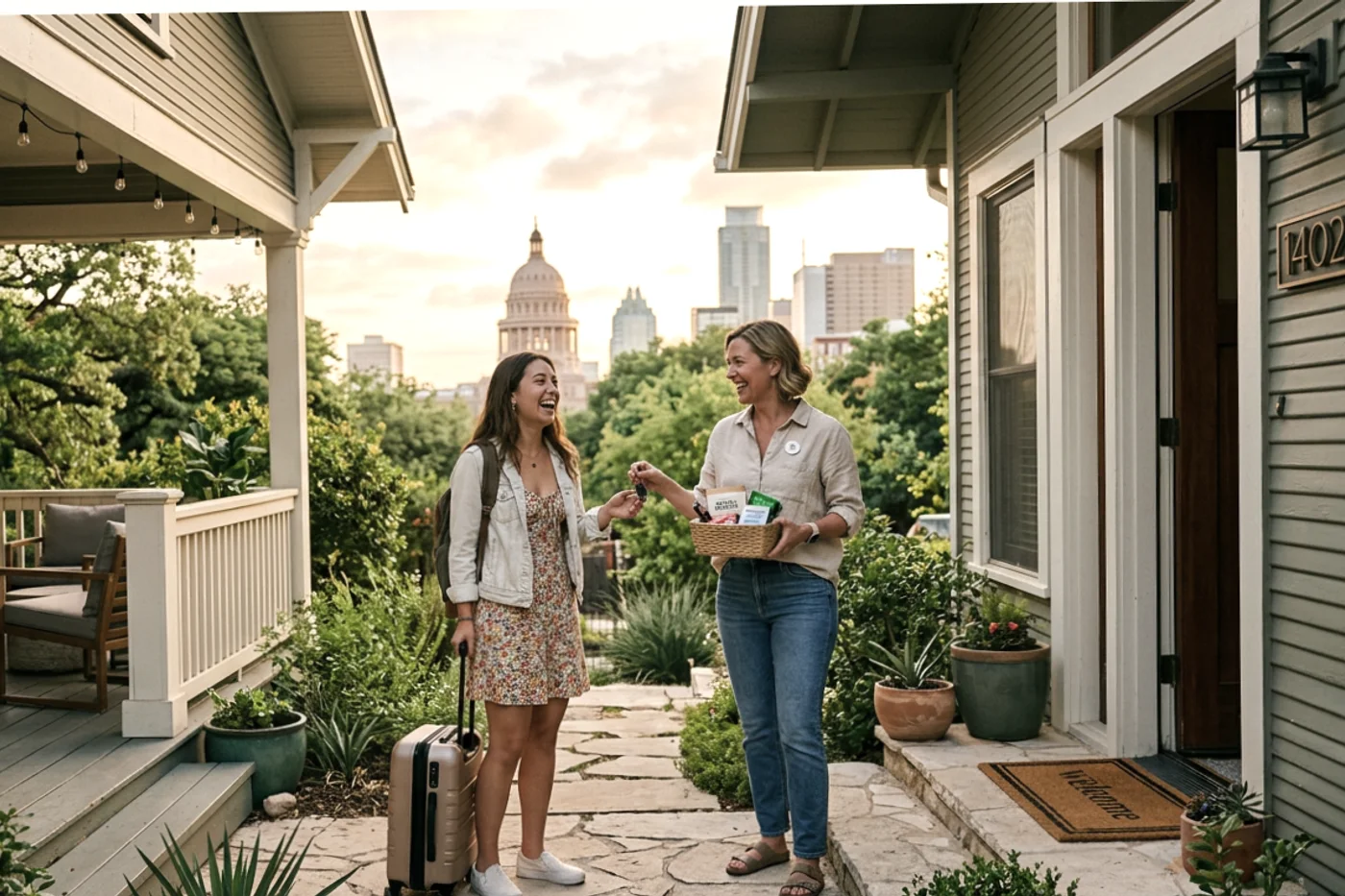 Austin host and guest using booking com pre arrival message workflow with Texas State Capitol in the background