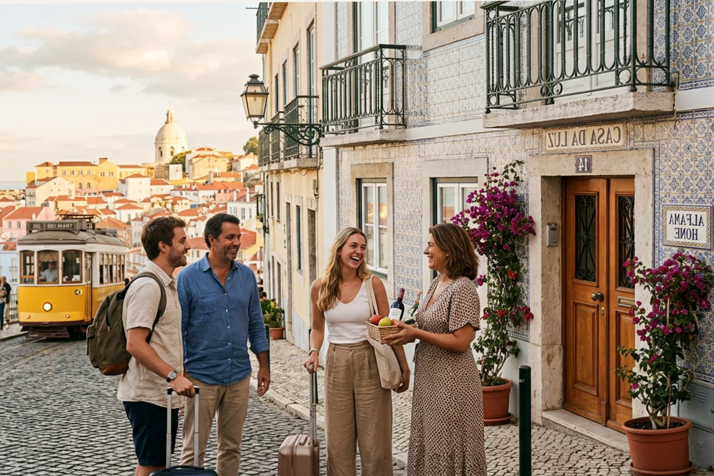 Lisbon host and guest using booking com pre arrival message workflow with Tram 28 and Alfama viewpoints in the background