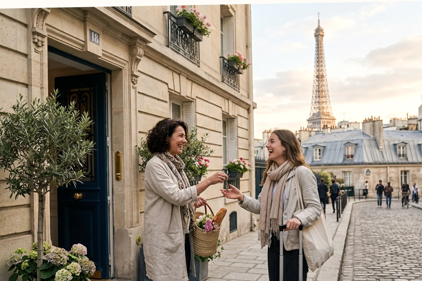 Paris host and guest using booking com pre arrival message workflow with Eiffel Tower and Parisian rooftops in the background