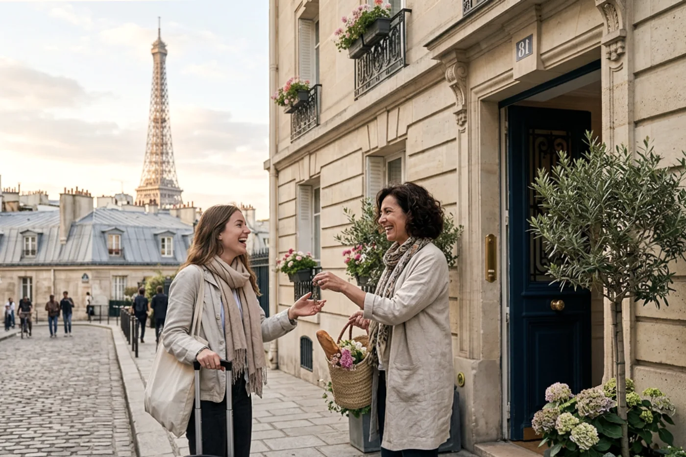 Paris host and guest using direct booking website airbnb workflow with Eiffel Tower and Parisian rooftops in the background