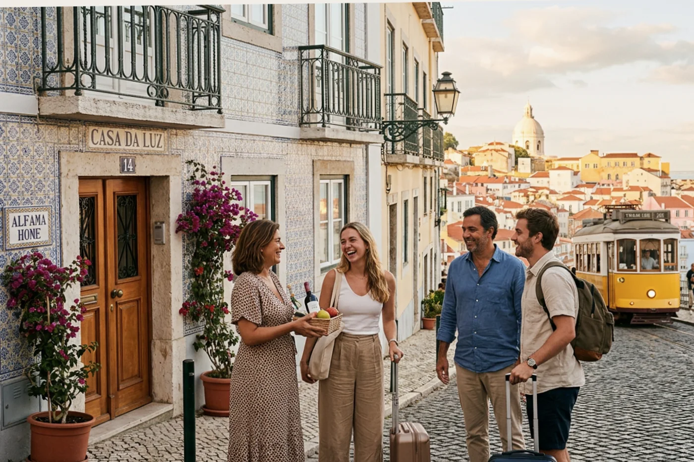 Lisbon host and guest using import airbnb listings workflow with Tram 28 and Alfama viewpoints in the background