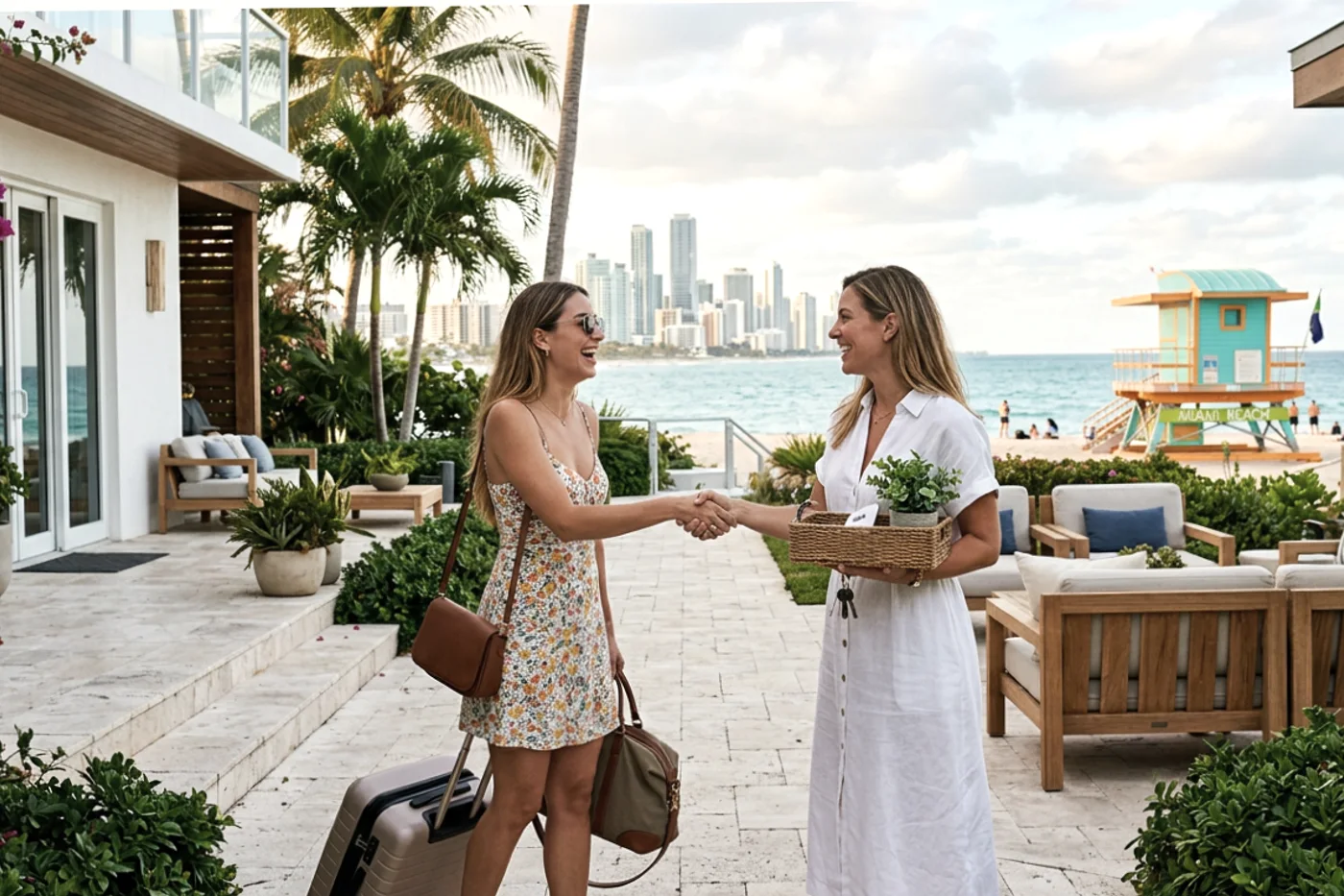 Miami host and guest using import airbnb listings workflow with Miami Beach lifeguard towers in the background