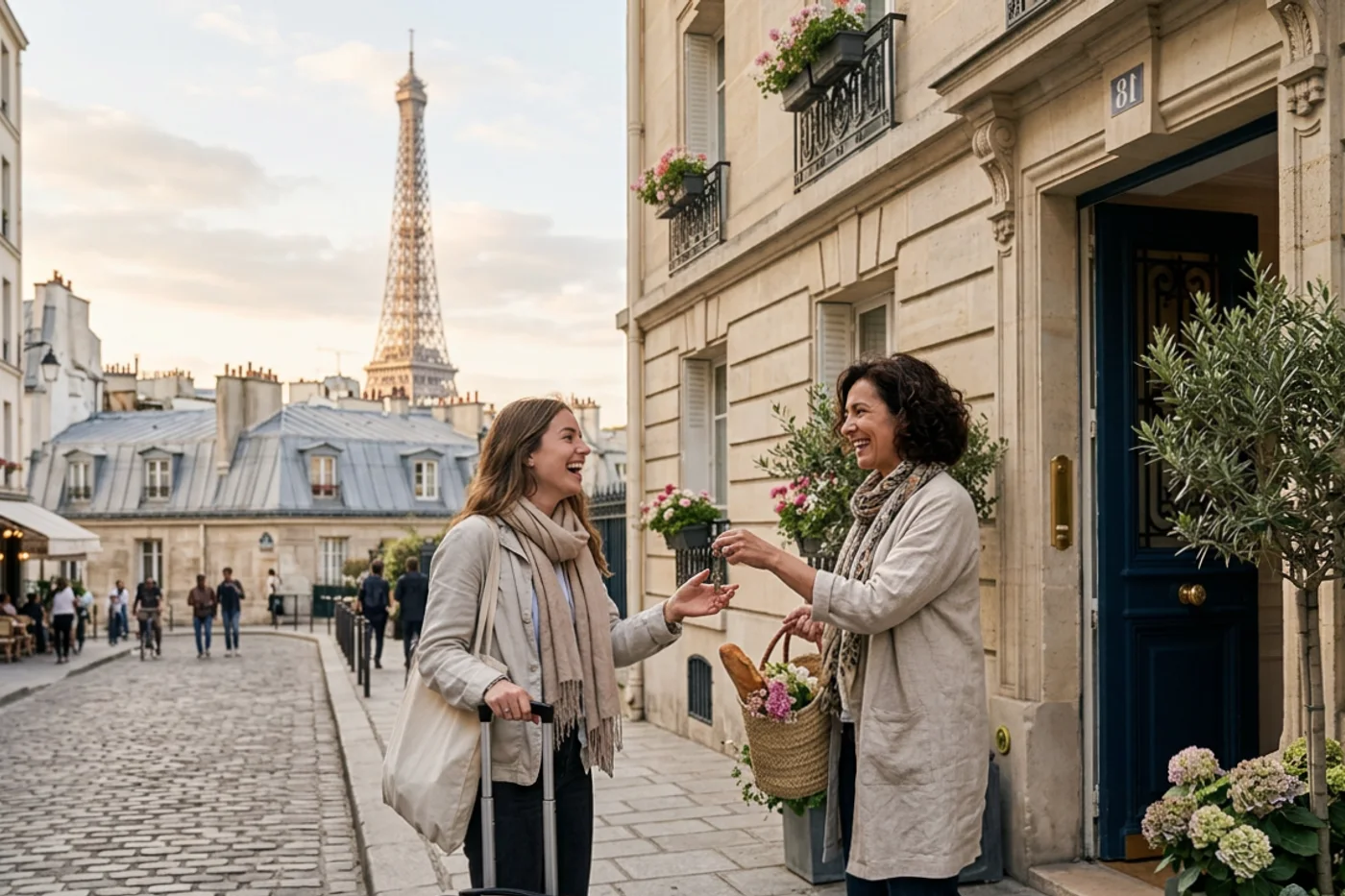 Paris host and guest using import airbnb listings workflow with Eiffel Tower and Parisian rooftops in the background