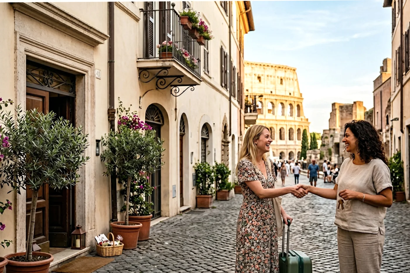Rome host and guest using import airbnb listings workflow with Colosseum and Roman streets in the background